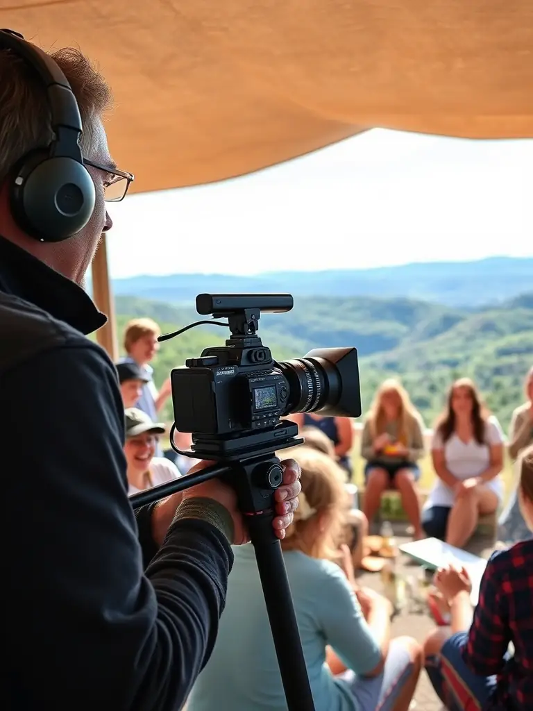 A professional videographer capturing candid moments during a retreat event at Your Ideal Mountain Retreat on Blue Ridge, with the Blue Ridge scenery in the background.