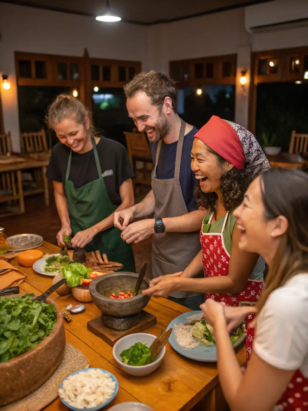 A group of retreat participants joyfully participating in a cooking class, showcasing the fun and educational aspects of the activity.