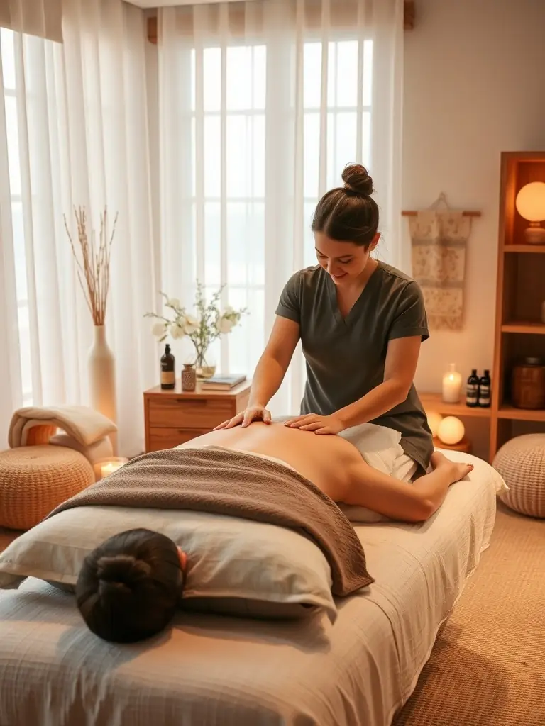 A serene image of a massage therapist providing a relaxing massage in a dimly lit room with calming music, showcasing the massage service offered at Your Ideal Mountain Retreat on Blue Ridge.