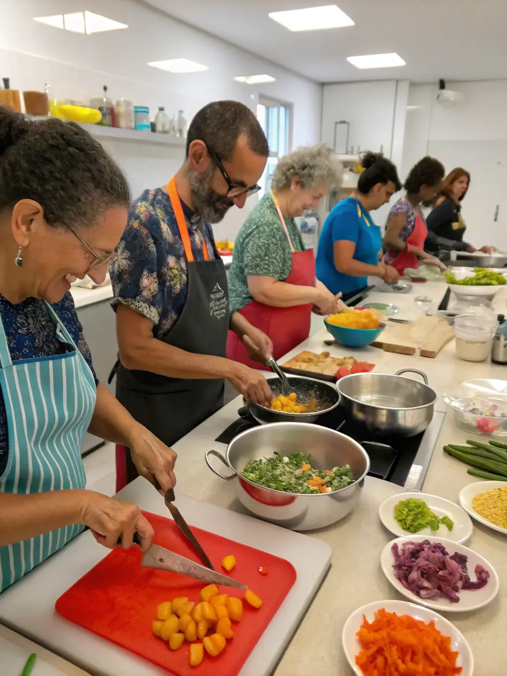 A group of retreat participants actively engaged in a cooking class, learning to prepare healthy and delicious meals, showcasing the cooking class service at Your Ideal Mountain Retreat on Blue Ridge.