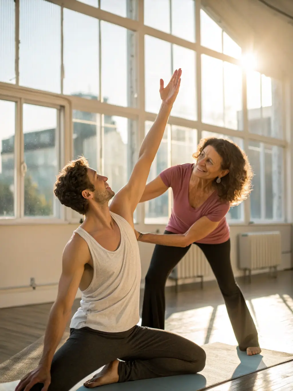 A yoga instructor guiding a private yoga session for a guest at Your Ideal Mountain Retreat on Blue Ridge, with the Blue Ridge Mountains visible through the window.