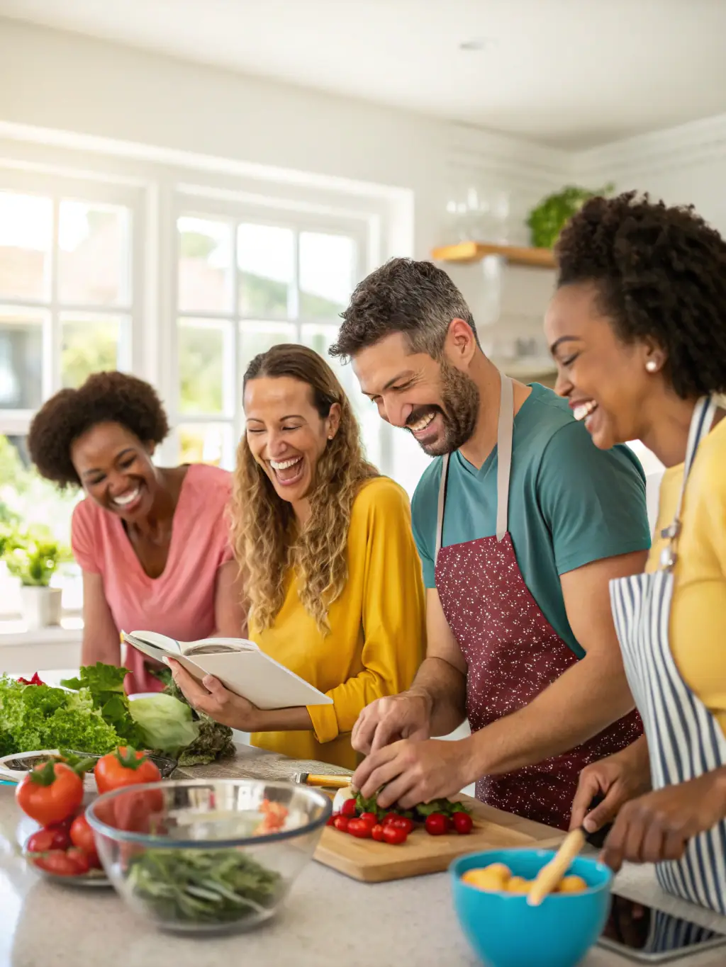A vibrant image of participants laughing and interacting while preparing a colorful salad during a cooking class at Your Ideal Mountain Retreat on Blue Ridge.
