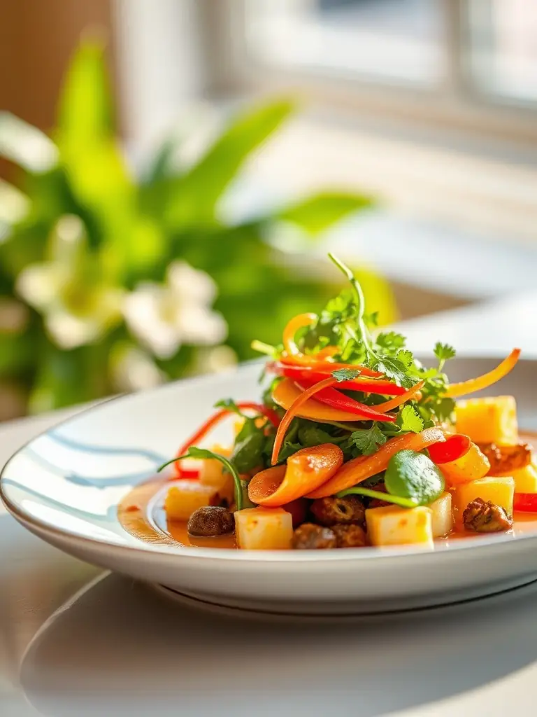 A beautifully plated dish from a vegetarian cooking class, showcasing colorful vegetables and herbs, set in the dining area of Your Ideal Mountain Retreat on Blue Ridge.