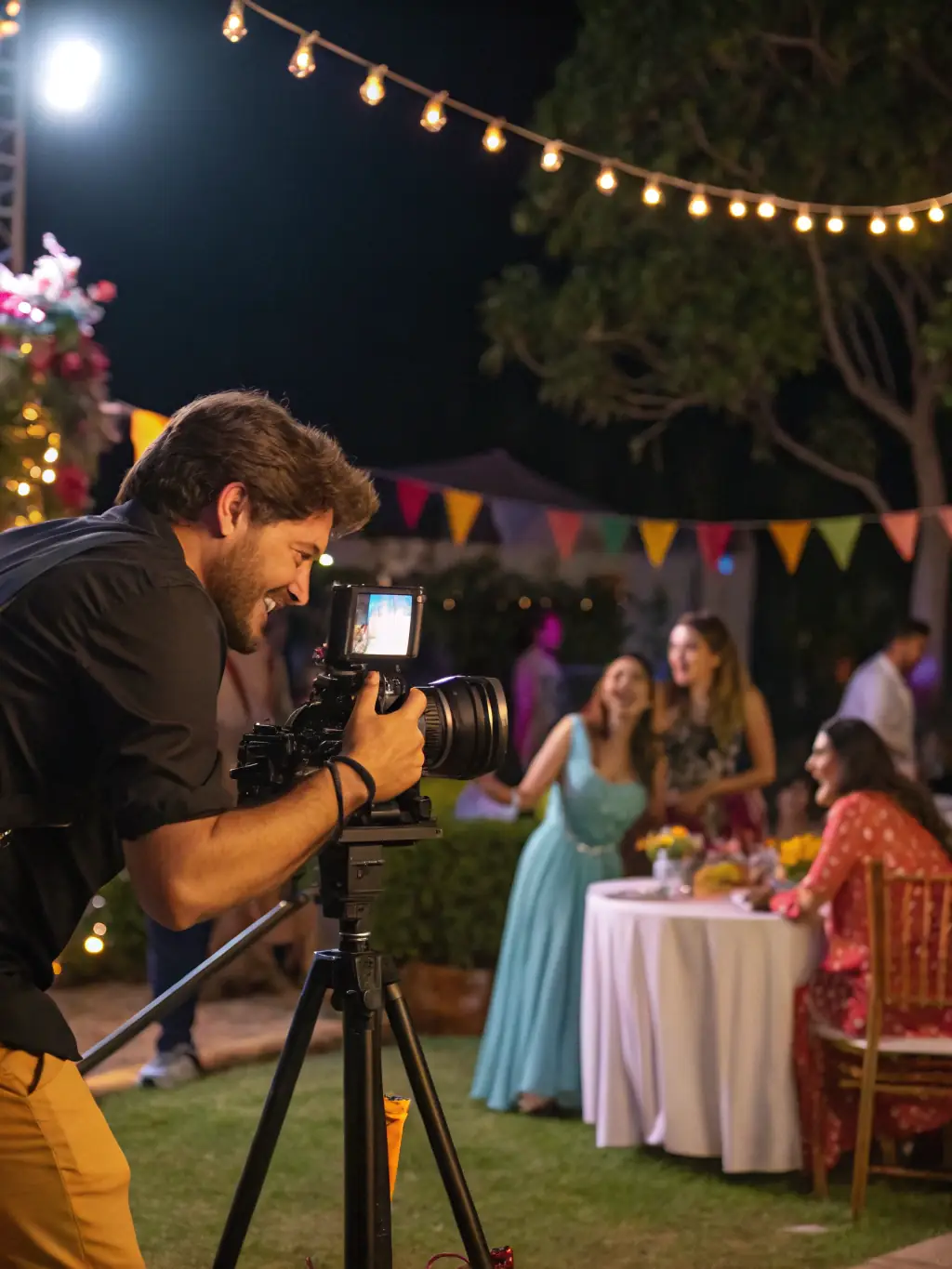 A professional videographer capturing candid moments during a retreat event, highlighting the event videography service at Your Ideal Mountain Retreat on Blue Ridge.